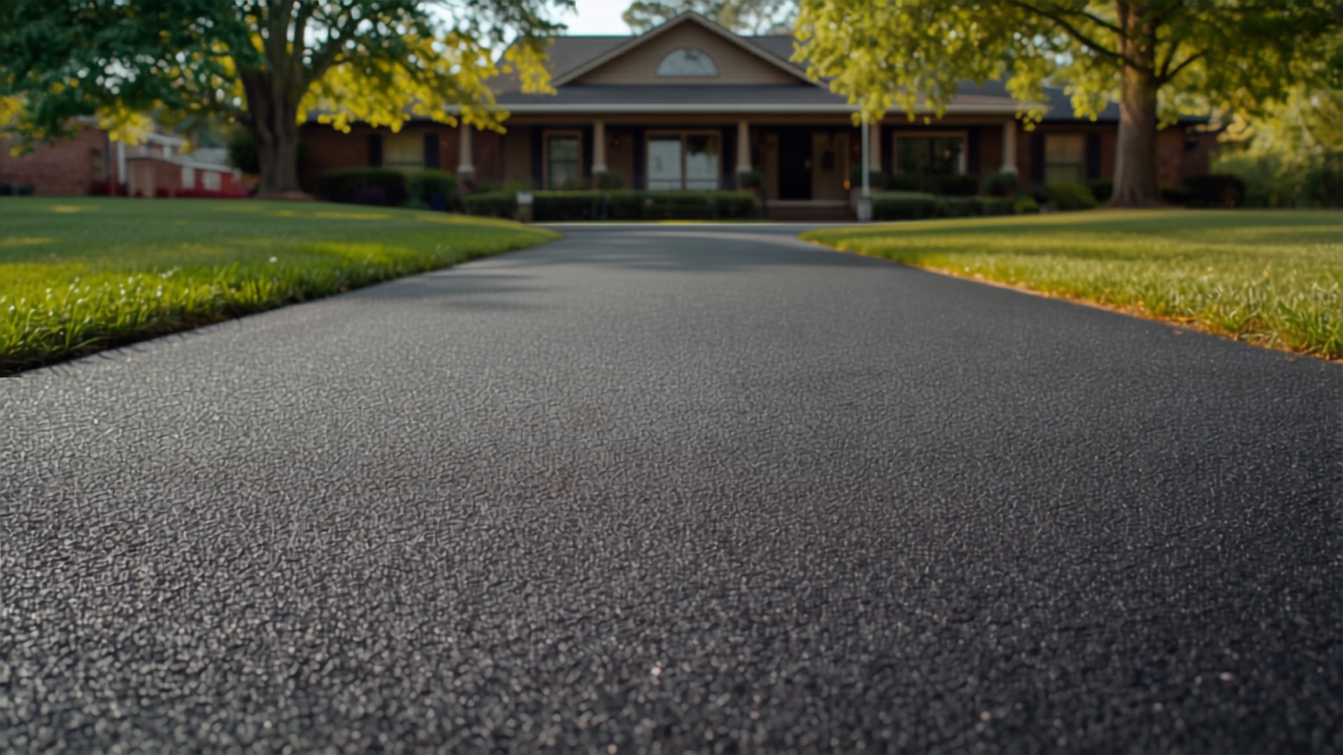 Freshly paved asphalt driveway leading to a brick ranch home, crowned for drainage
