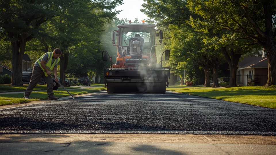 Worker raking the edge of a fresh asphalt mat behind a roller, steam rising