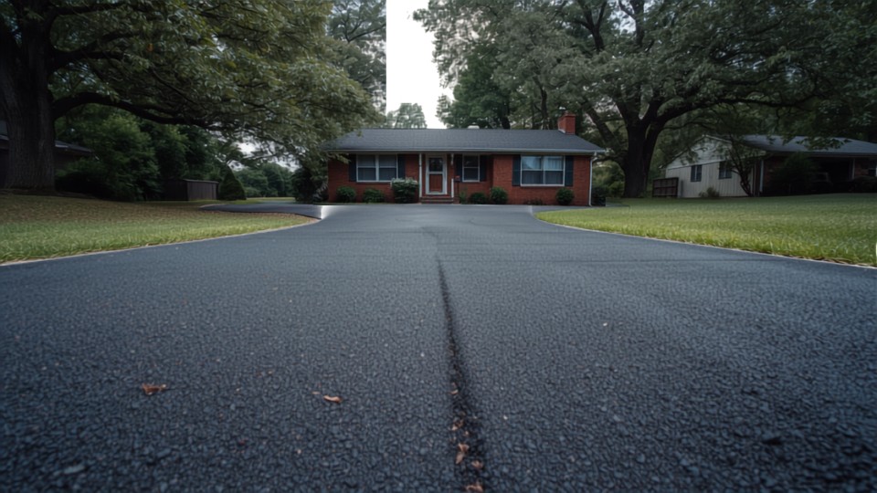 Asphalt driveway running to a brick ranch house with a longitudinal paving joint down the centre