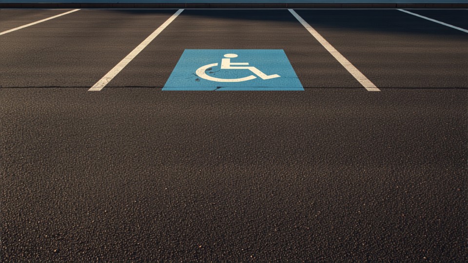Freshly striped commercial parking lot with an accessible space marked in blue