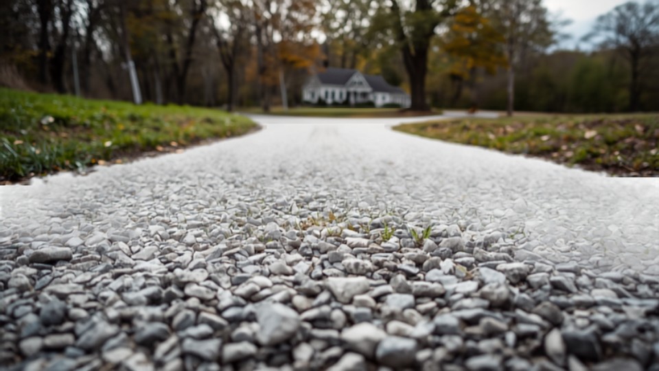 Loose crushed stone driveway with grass pushing through, curving toward a white farmhouse