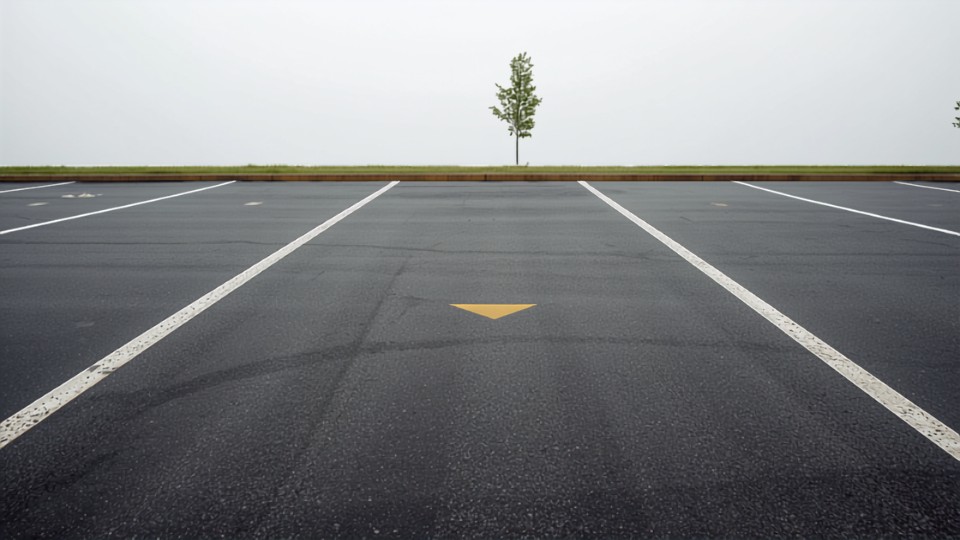 Empty asphalt parking area with freshly painted white stall lines and a yellow pavement marking