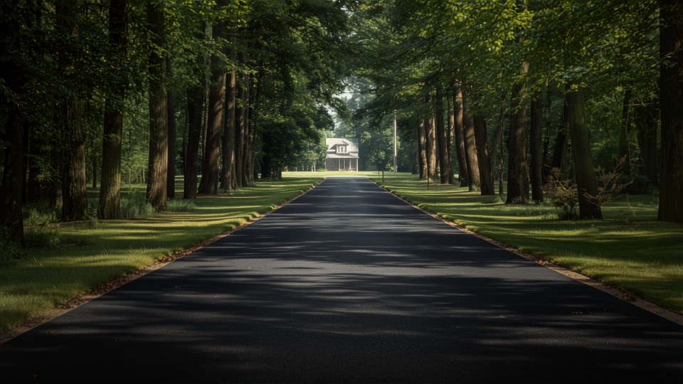 Long asphalt driveway winding through mature hardwoods toward a house
