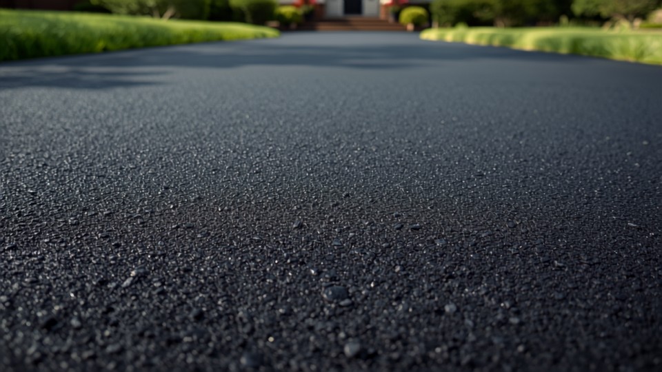 Fresh black sealcoat on an asphalt driveway with a crisp edge against the lawn